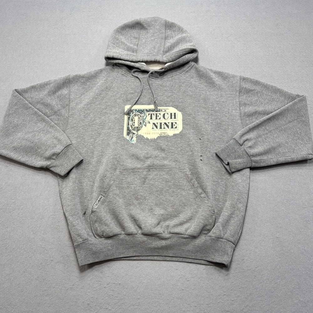 Y2K Technine Hoodie Mens Medium Heather Gray Fleece Lined Streetwear Grunge